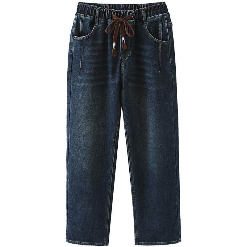大码加绒牛仔直筒裤女秋冬新款胖mm高档抽绳松紧腰阔腿长裤休闲裤,淘宝优惠券,粉丝福利购,淘宝优惠卷