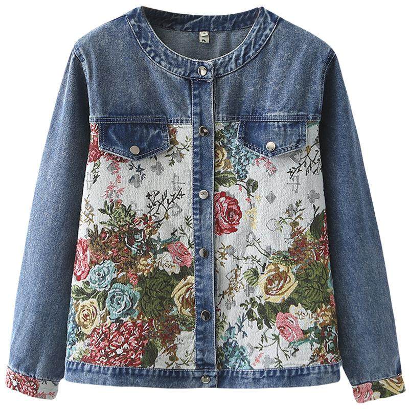 大码拼色圆领牛仔外套2025春季新款高档国风中式长袖上衣印花夹克,淘宝优惠券,粉丝福利购,淘宝优惠卷