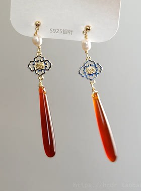红色马面裙耳饰红玉髓古风