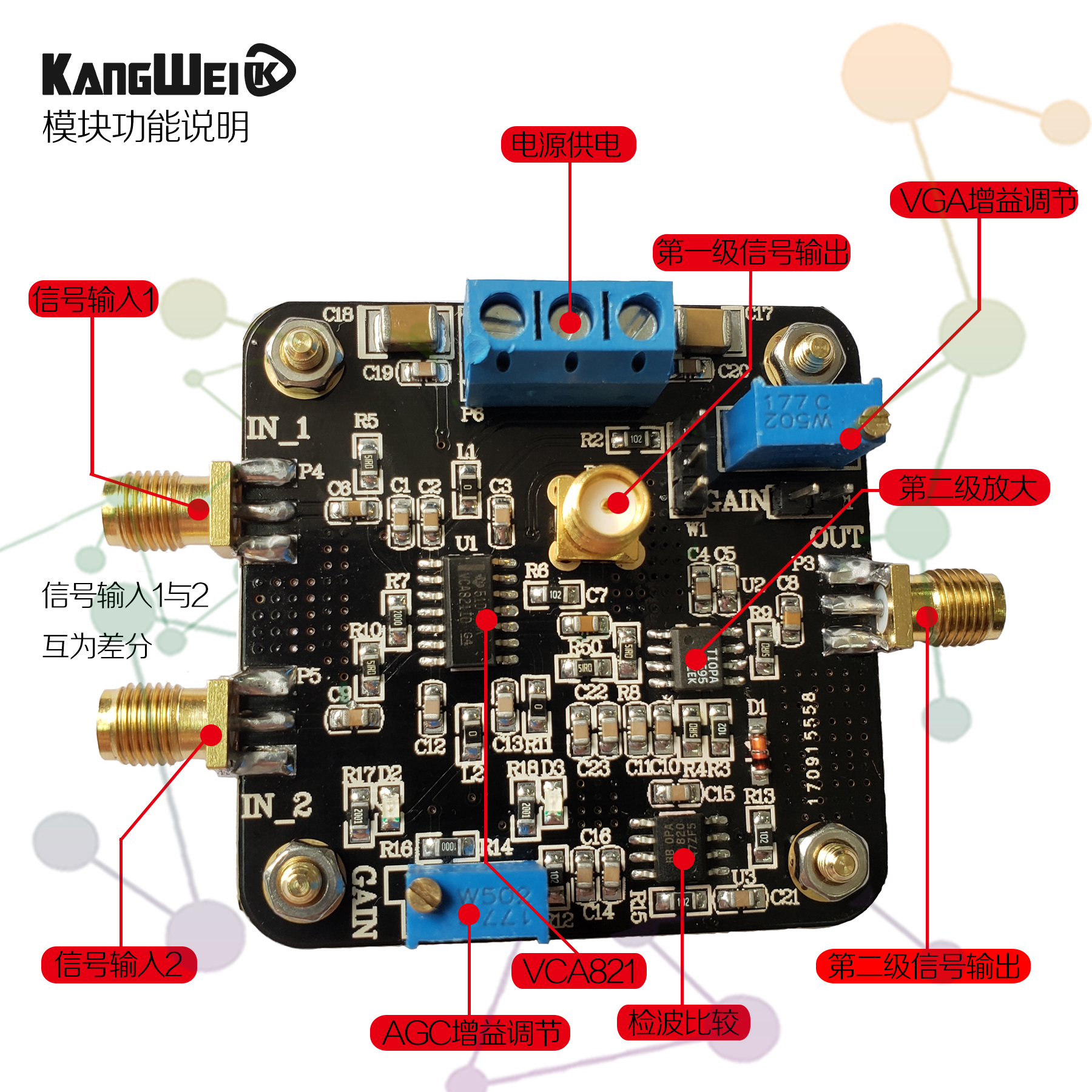 自动增益放大器VCA821模块AGC电子竞赛模块 350M带宽康威科技-图1