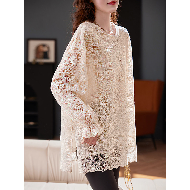 宝诗黎圆领钉珠刺绣镂空雪纺衫2026春季气质宽松洋气百搭衬衣女,淘宝优惠券,粉丝福利购,淘宝优惠卷