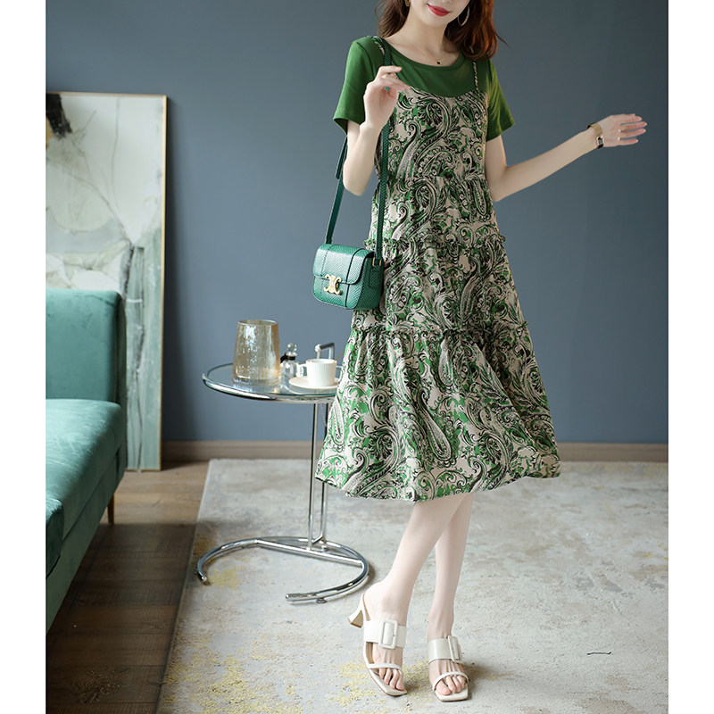 宝诗黎假两件吊带印花连衣裙女2025夏季新款拼接宽松雪纺裙子短袖,淘宝优惠券,粉丝福利购,淘宝优惠卷