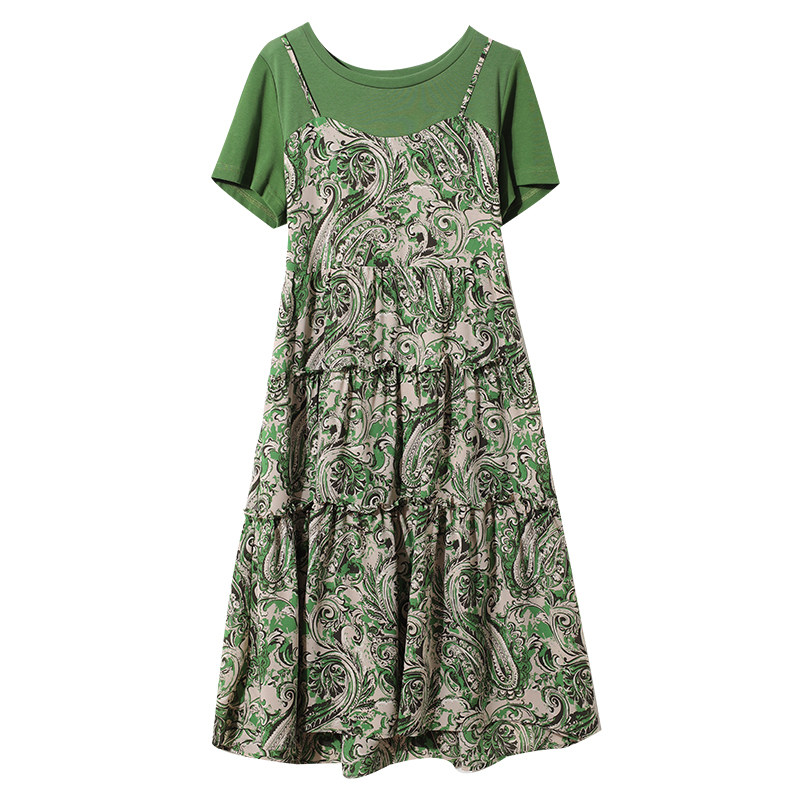 宝诗黎假两件吊带印花连衣裙女2025夏季新款拼接宽松雪纺裙子短袖,淘宝优惠券,粉丝福利购,淘宝优惠卷