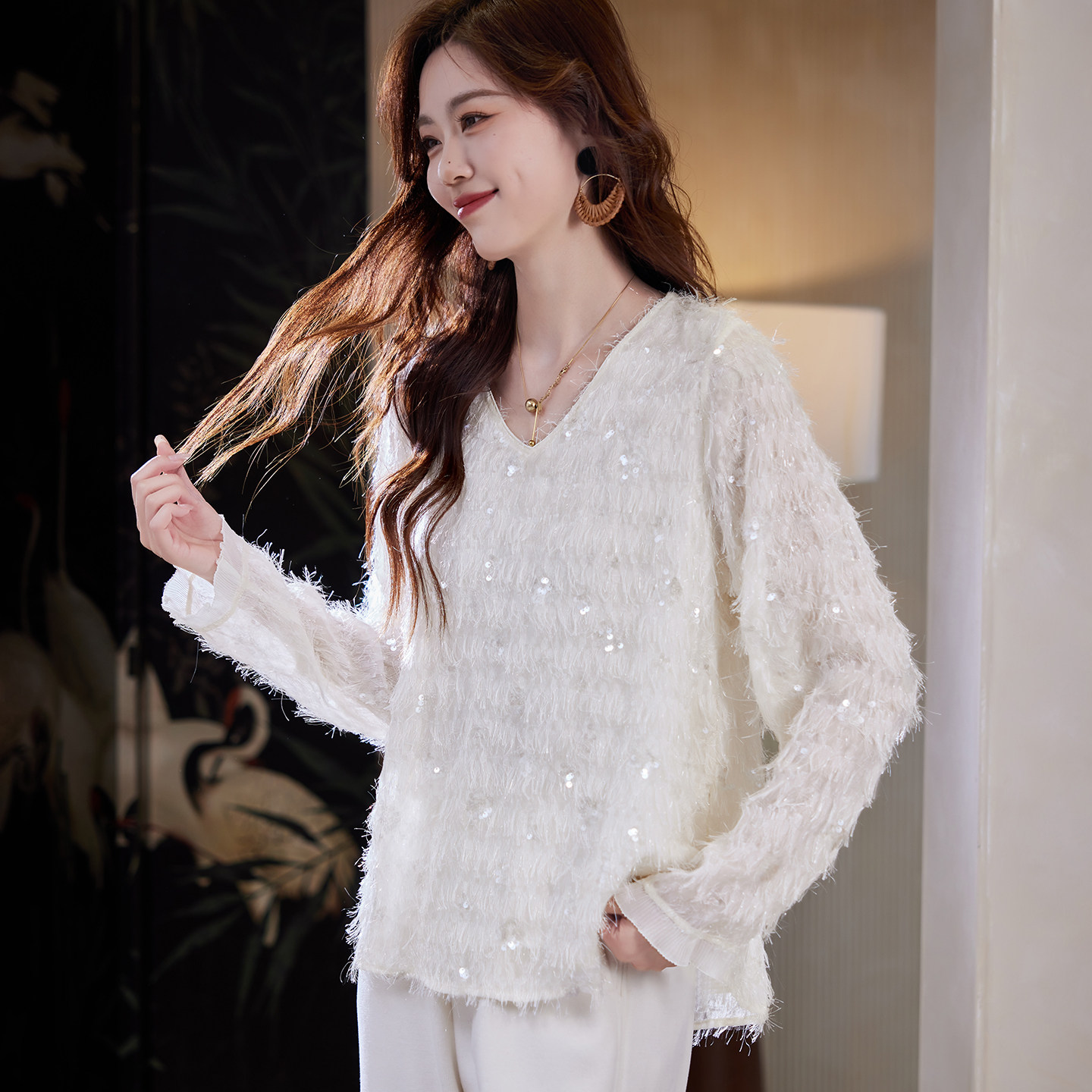 宝诗黎V领流苏亮片长袖上衣2026春季时尚洋气百搭休闲宽松女装,淘宝优惠券,粉丝福利购,淘宝优惠卷