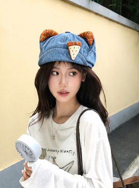 卡通可爱新款牛角包贝雷帽女春夏翻檐显脸小百搭小众个性画家帽潮
