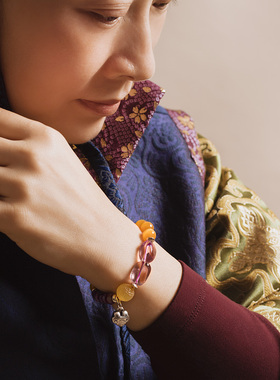 虎眼紫黄晶蜜蜡银饰手串原创设计