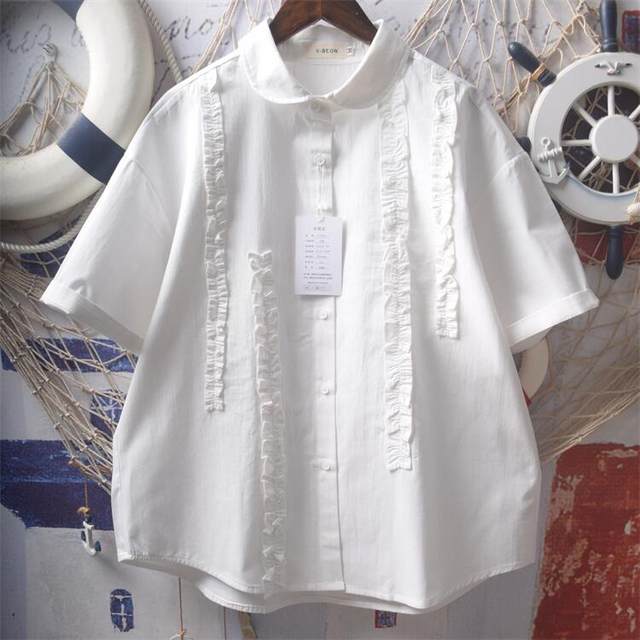 Ruffled Yuanbao doll collar short-sleeved plaid shirt for women