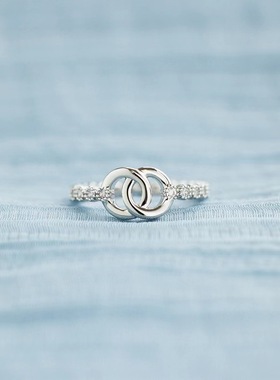 S925银双环相扣时尚OL简约风戒指