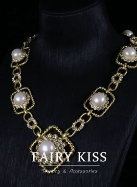 简约几何形精致个性方糖项链套装电镀真金玻璃珍珠镶嵌高级感耳拍