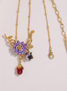宇宙之花系列西番莲紫色花朵与红珠项链