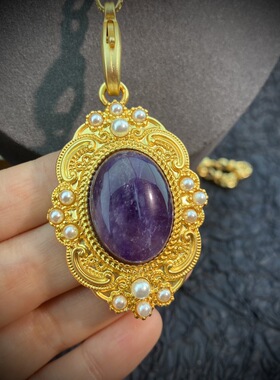 【清仓特价】中古vintage复古宫廷风玉石镶嵌素金吊坠项链毛衣链