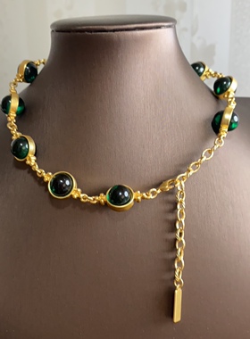 【孤品欧美宫廷vintage复古气质百搭绿色圆形琉璃镀金短款项链女