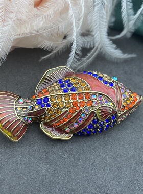 新中古vintage 捷克钻镶嵌手工珐琅工艺五彩斑斓的小彩鱼造型胸针