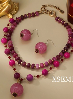 中古vintage宫廷风桃花粉天然石珠珠项链耳饰套装