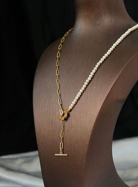 匠艺淡水小珍珠异形珍珠ot扣金属链女王铜牌钱币珍珠项链锁骨链