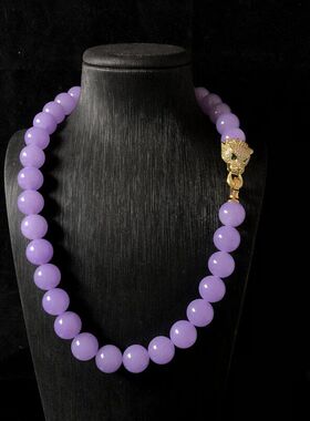 时尚紫色气质镶嵌百搭豹子头材质石头串珠项链铜锆石首饰中古锁扣