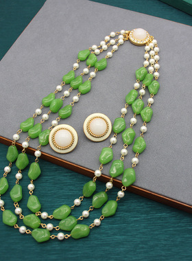 中古多层项链耳环套装天然石琉璃串珠意大利老奶奶项链扭扭链女