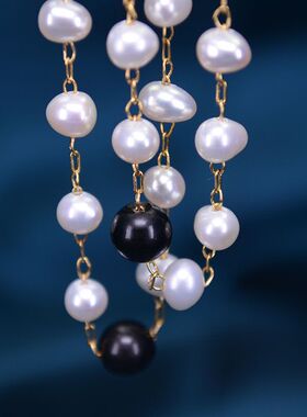mm淡水珍珠项链长款毛衣链黑水晶