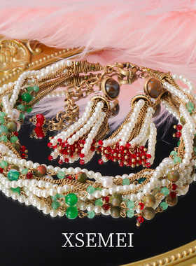 夏季中古夸张复古宫廷珍珠玛瑙多层重工扭扭链锁骨项链流苏红色高