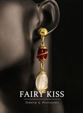 中古vintage轻奢铜丝缠绕高级感耳饰 新年红色清新个性老琉璃套装