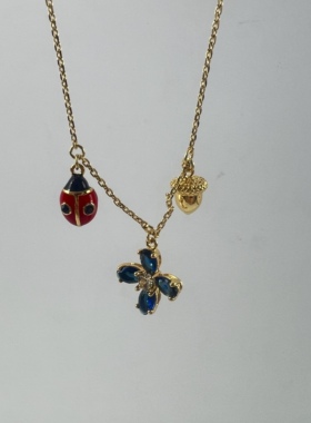 新款时尚甜美田园风镶嵌珐琅釉锆石花朵 松果  瓢虫多坠金属项链