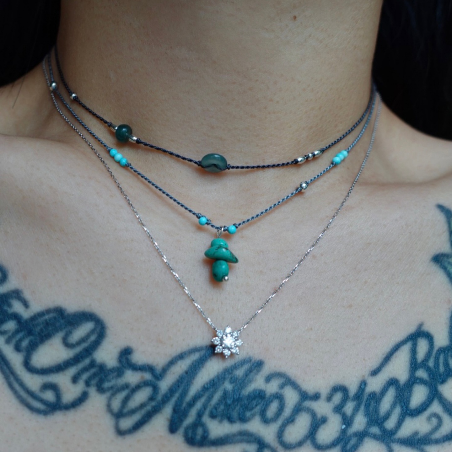 天然原矿随型松石吊坠项链小众原创设计编绳手链锁骨链套装s925银 - 图0