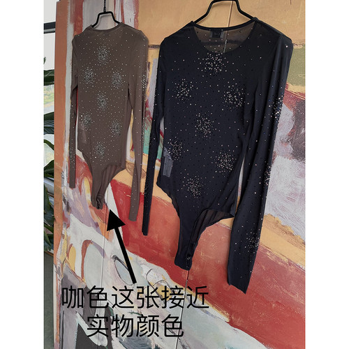 外贸原单LIM*E欧美收腰显瘦塑身薄款辣妹水钻贴花网眼长袖连身衣 - 图3