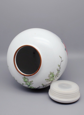仿清代光绪粉彩釉松鹤紫边坛茶叶罐家居装饰品收藏摆件仿古瓷器