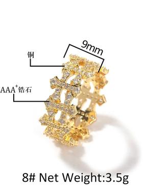 9mm宽正反十字架相拼造型嘻哈戒指铜镶锆石男士十字指环高级配饰