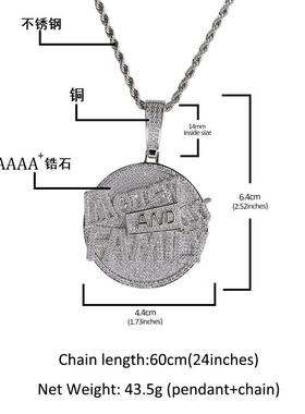 新款嘻哈说唱铜镶锆石大圆盘money and family 字母吊坠潮男项链