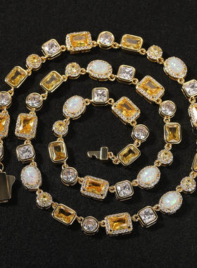 HIPHOP嘻哈潮流黄色澳宝项链气质轻奢铜镶锆石简约几何型百搭手链