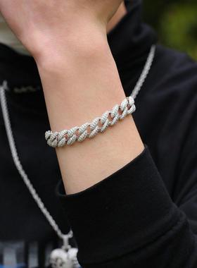 欧美男士个性古巴链手链12mm3D潮流铜镶锆石嘻哈项链精致女士配饰