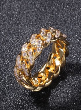 欧美嘻哈锆石古巴链戒指8mm满