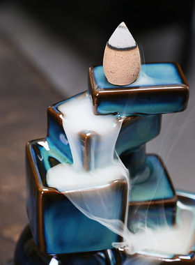 陶瓷高山流水倒流香炉摆件 创意圆球方块蓝色倒流香薰炉家居摆件