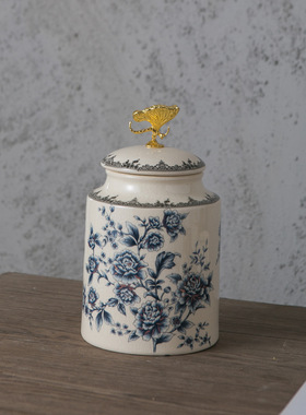美式陶瓷储物罐茶叶罐家居乔迁喜品装饰欧式复古裂纹瓷将军罐摆件