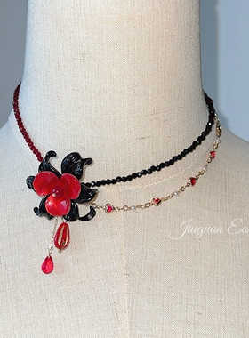 黑红也是红！酒馆原创红黑撞色水滴复古花朵项链锁骨链穿搭送礼
