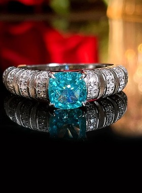 1克拉爆闪碎冰切海蓝925纯银戒指