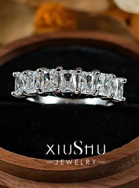 经典ins风925银长方半圈排钻戒指