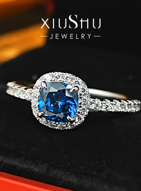 欧美复古公主方皇家蓝925银戒指