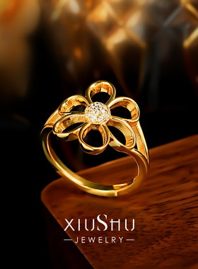 925银镀18K黄金色镂空花朵戒指