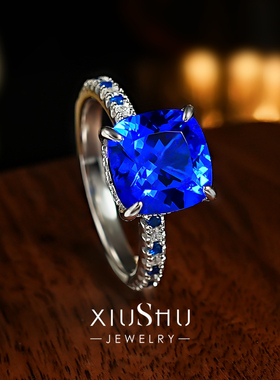 蓝小妖枕形培育尖晶石925银戒指
