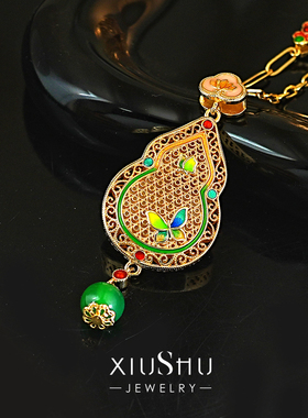 新中式葫芦珐琅镀黄金色毛衣项链