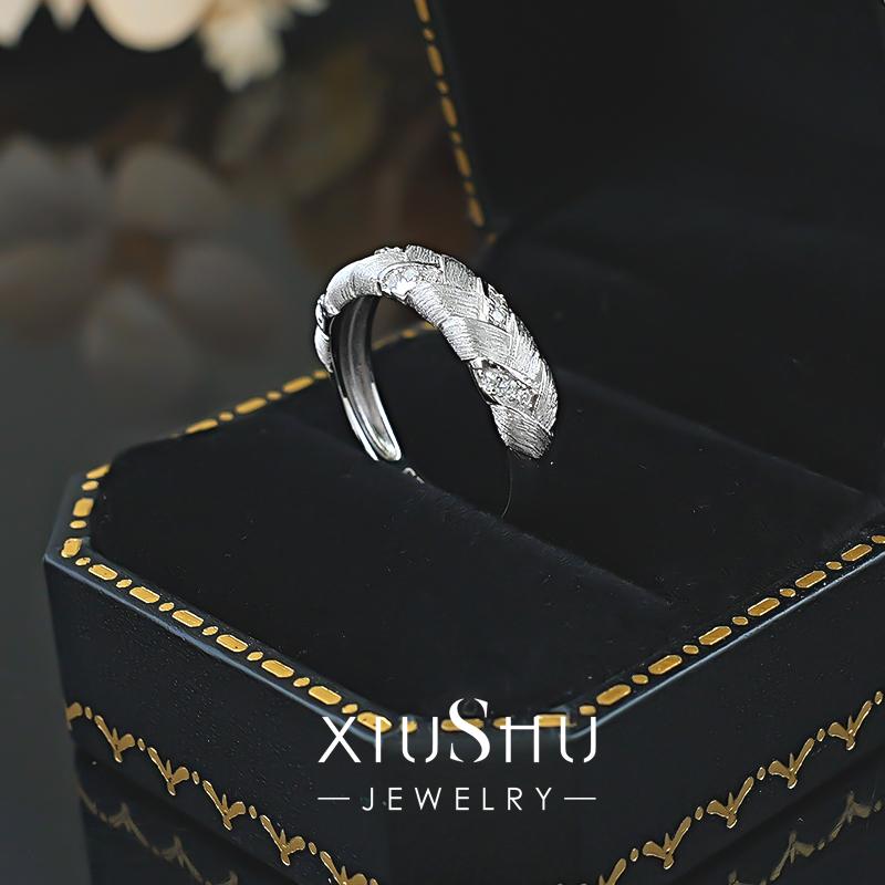 麦穗编织拉丝s925银戒指女款高级有质感中古风指环指圈叠戴 - 图2