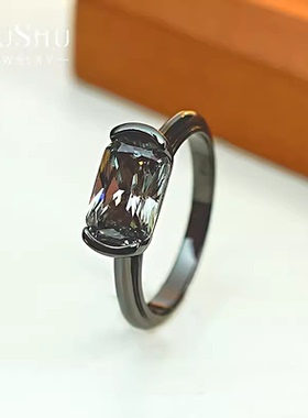 个性简约镀黑金枕形925银戒指镶嵌高碳钻小众设计百搭酷飒冷淡ins