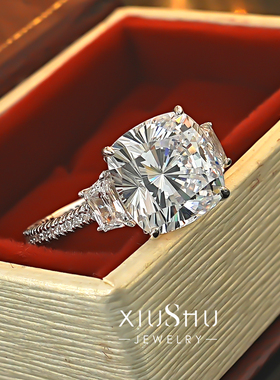 爆闪5克拉枕形切割925纯银戒指