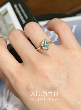 气质花朵925银帕拉绿圆形戒指镶嵌高碳钻小众设计百搭女时尚复古