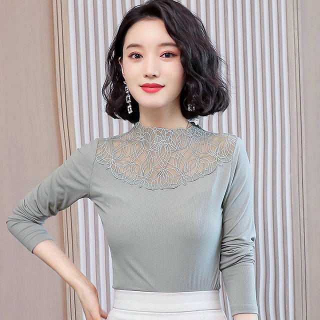 Modal lace stand collar slim fit hollow bottoming shirt