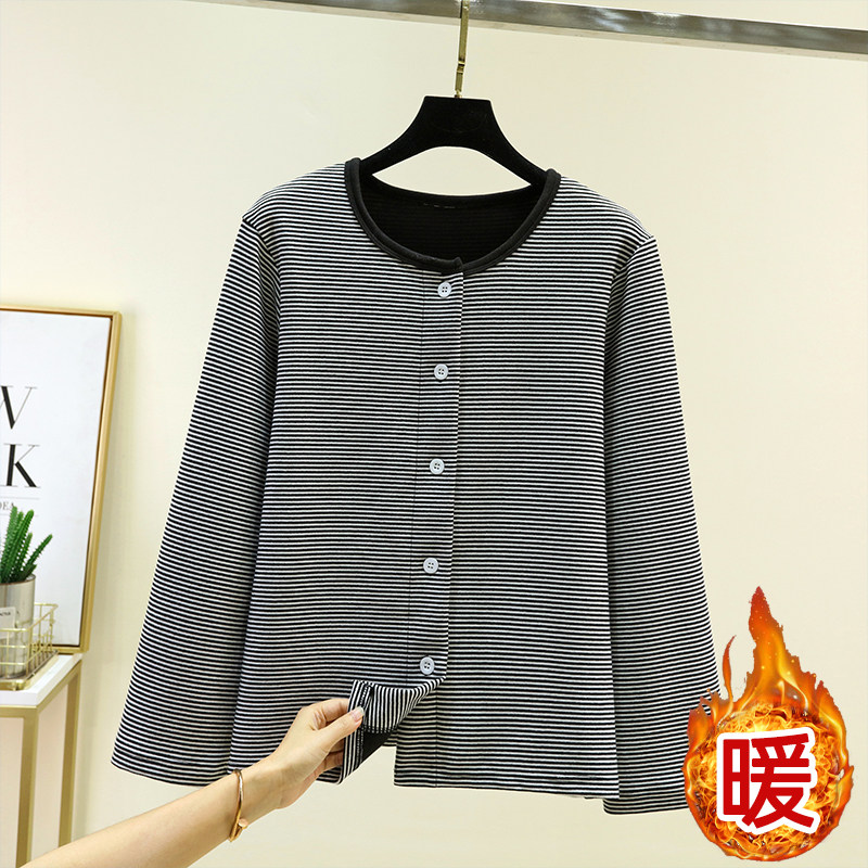 德绒宽松圆领保暖睡衣上装冬季居家加厚单排扣上衣女加绒条纹开衫,淘宝优惠券,粉丝福利购,淘宝优惠卷