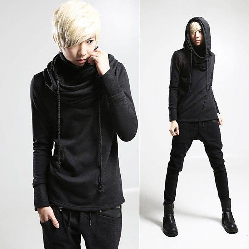 主流潮男打底衫韩版时尚个性修身演出服长袖假两件连帽T恤加大码 - 图2