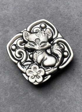 天然银曜石四方如意狐狸方牌吊坠男女款仙狐复古项链饰品配件